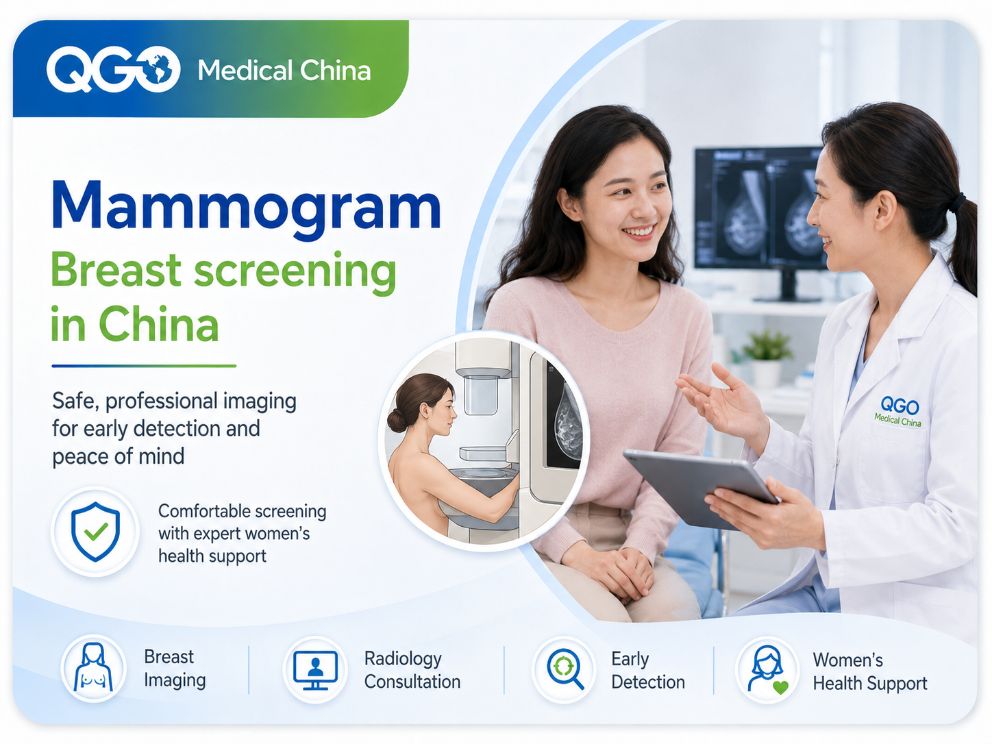 Medical technologist positioning a patient for a digital mammogram exam